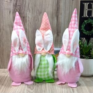 (3) EASTER BUNNY GNOMES PASTEL SHELF SITTERS GINGHAM
